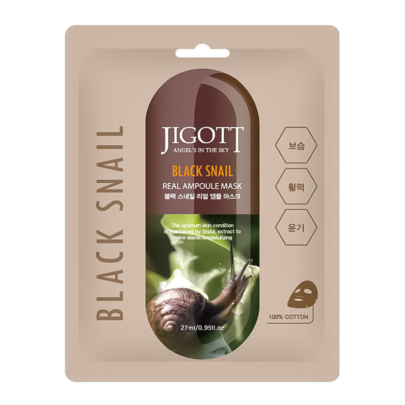 Sheet face mask with black snail mucin, Jigott Black Snail Real Ampoule Mask 27 ml