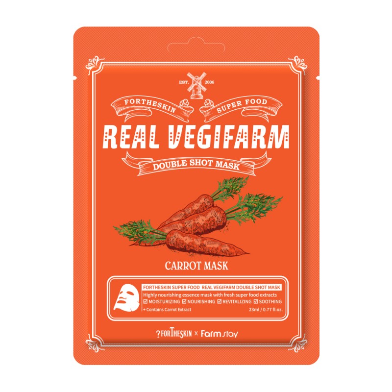 Antioxidant sheet mask with carrot extract, Fortheskin Super Food Real Vegifarm Double Shot Mask Carrot 23 ml