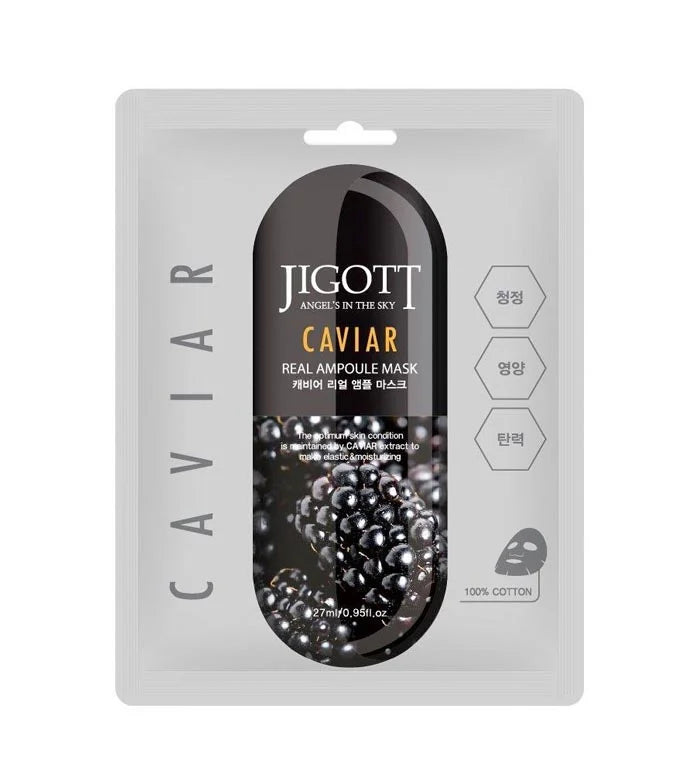 Sheet face mask with black caviar, Jigott Caviar Real Ampoule Mask 27 ml